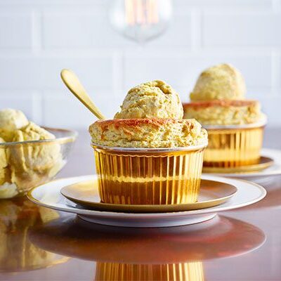 pistachio soufflé with vanilla ice cream