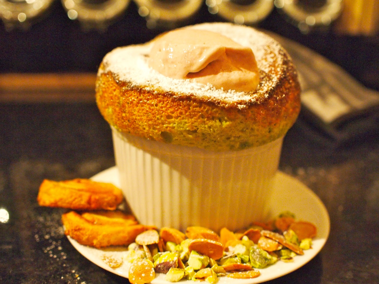 pistachio soufflé with vanilla ice cream