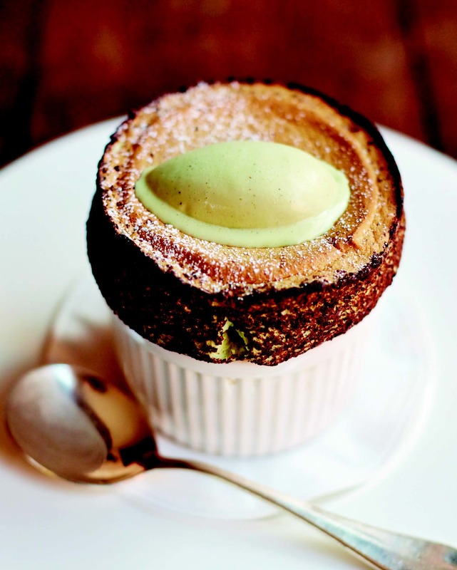 pistachio soufflé with vanilla ice cream